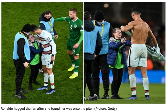 Ronaldo hugged the fan after she found her way onto the pitch