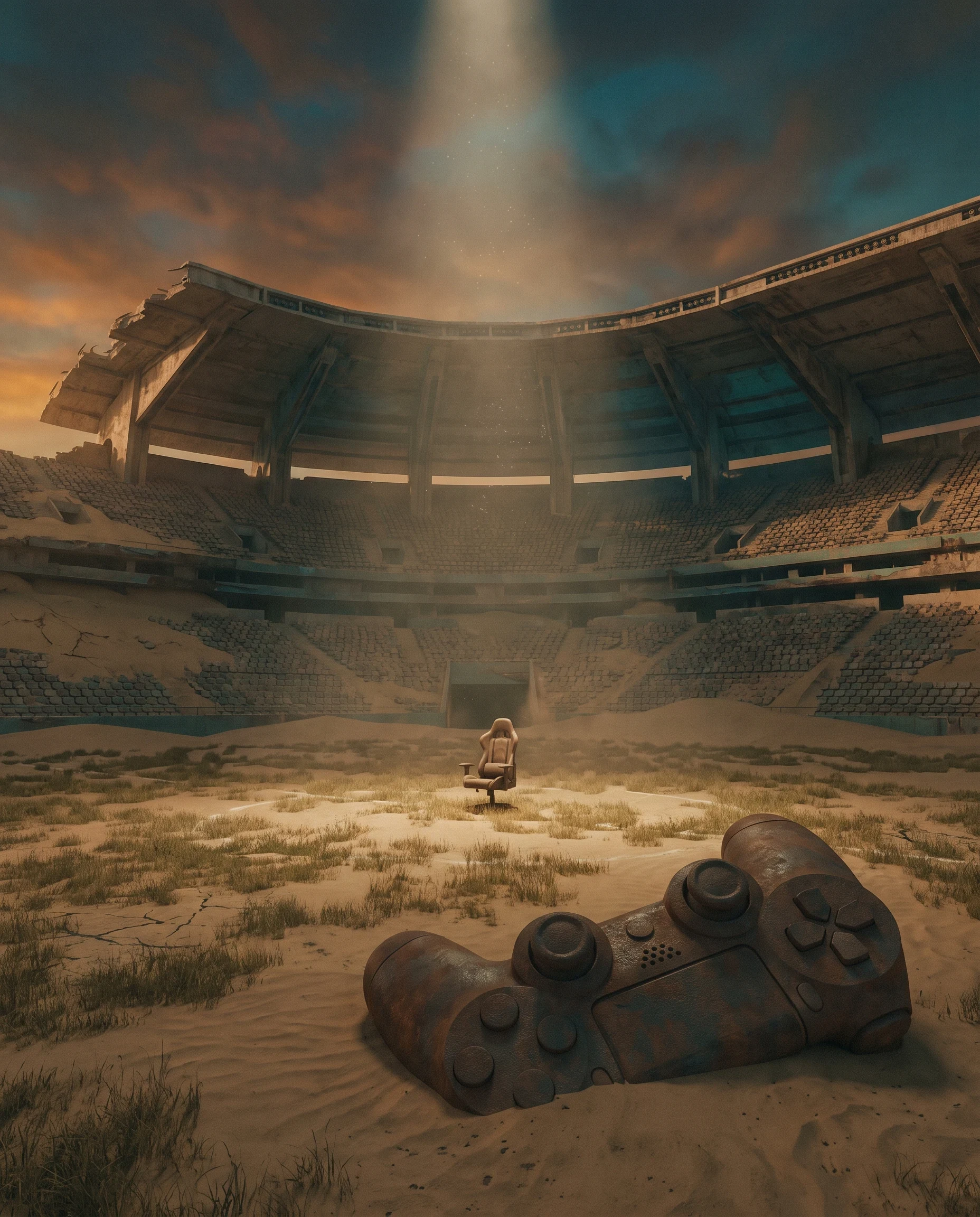 Empty desert esports stadium at dusk, 1 gaming chair under 1 floodlight, futurist concept art by Igor Beuker