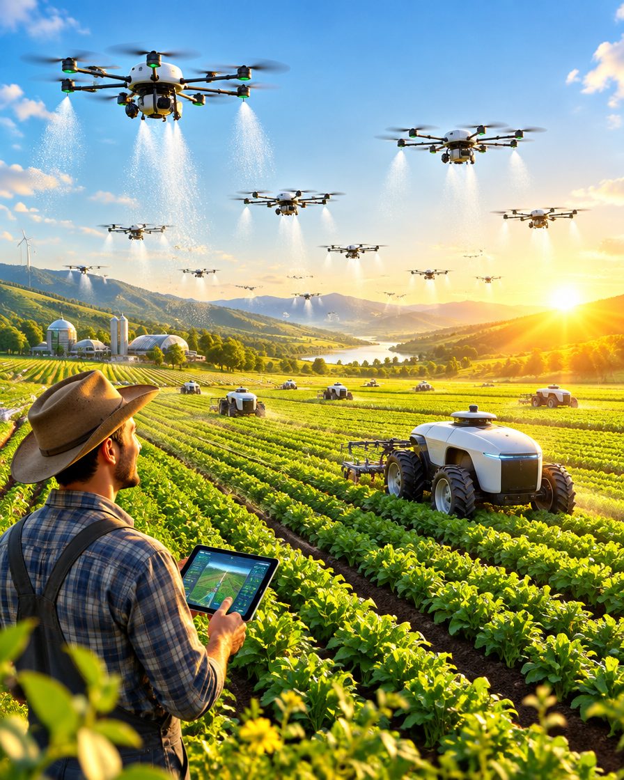 Robo-farms 2030 prediction by futurist Igor Beuker: drones and a self-driving tractor working a green farm at sunrise