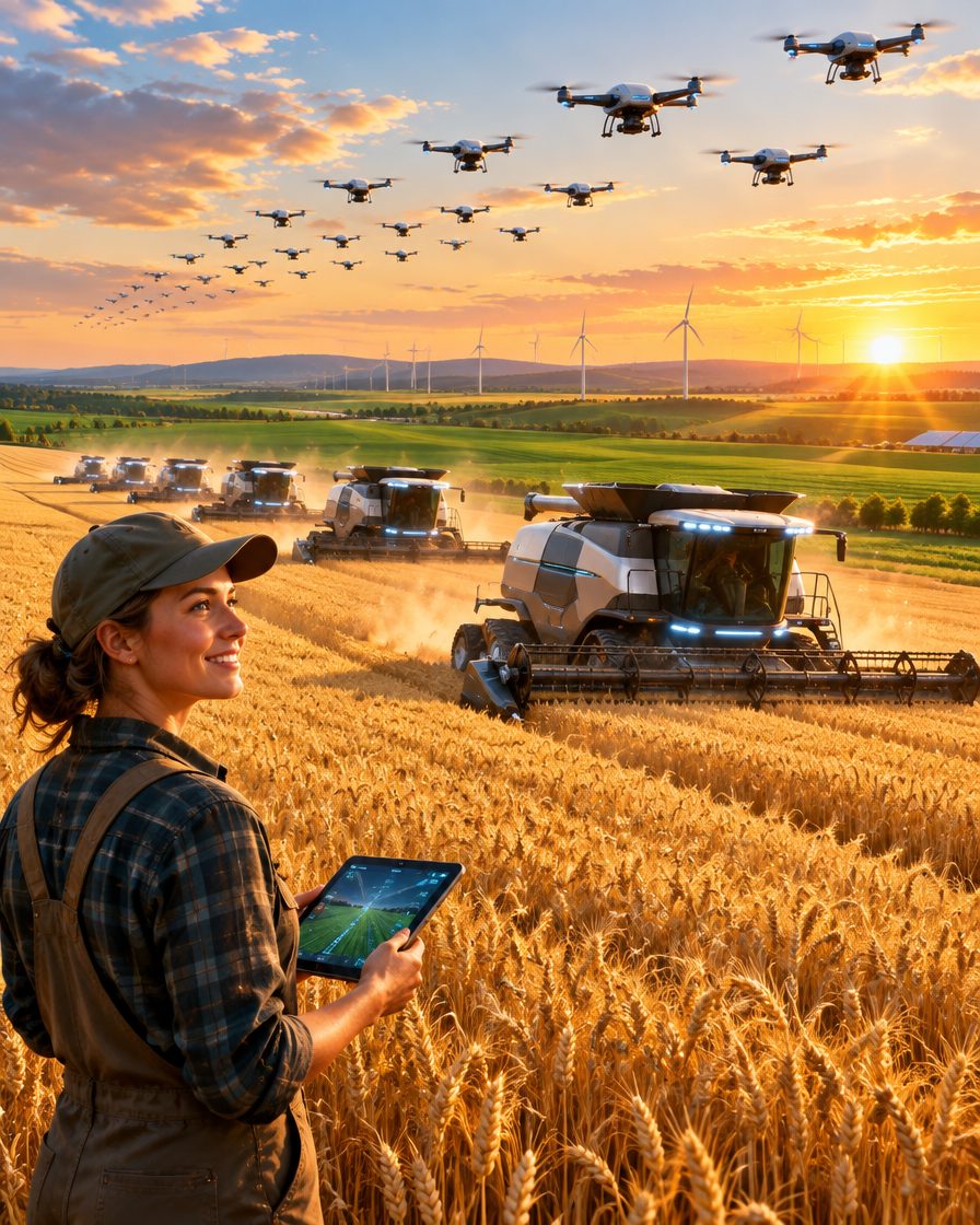 AgTech 2030 prediction by futurist Igor Beuker: farmer with tablet guiding self-driving harvesters and drones through golden grain
