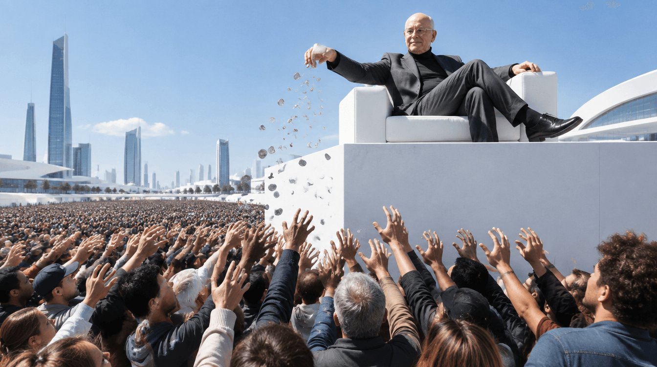 UBI 2040: a technocrat on a white sofa throws coins to a crowd with raised hands