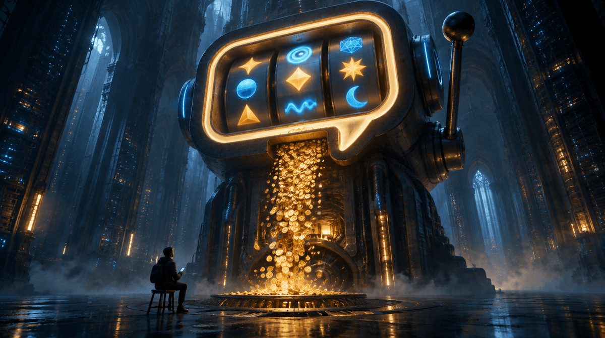 AI token bait 2030 prediction by futurist Igor Beuker: a giant chat-bubble slot machine pours gold tokens while 1 man sits alone on a chair below