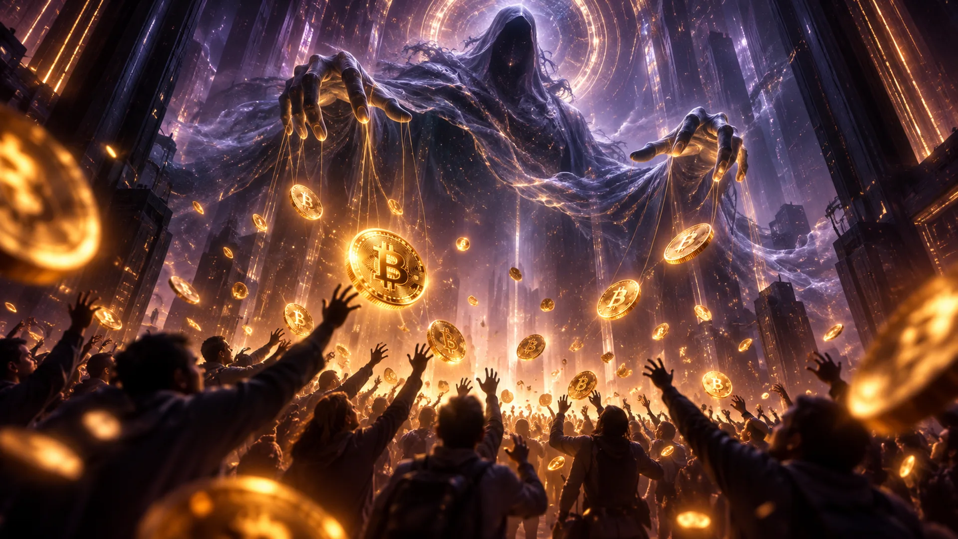 Bitcoin 2030 prediction by futurist Igor Beuker: a giant hooded puppet master controls Bitcoin coins on strings while a crowd reaches for them, a Trojan horse for financial control.