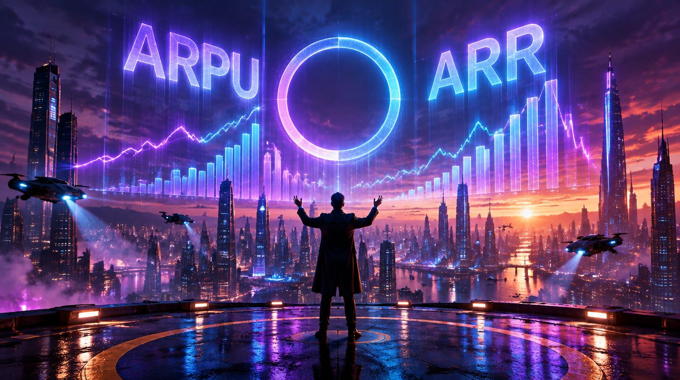 Founder Math 2030: a founder conducts a city-sized holographic dashboard of ARPU and ARR over a neon megacity, Igor Beuker startup terms